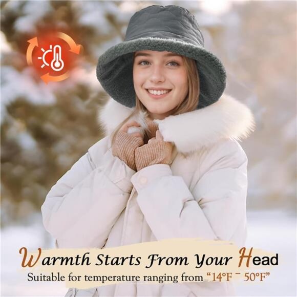 Women\'s Fuzzy Bucket Hat Wide Brim Faux Fur Winter Warm Hat, Gray